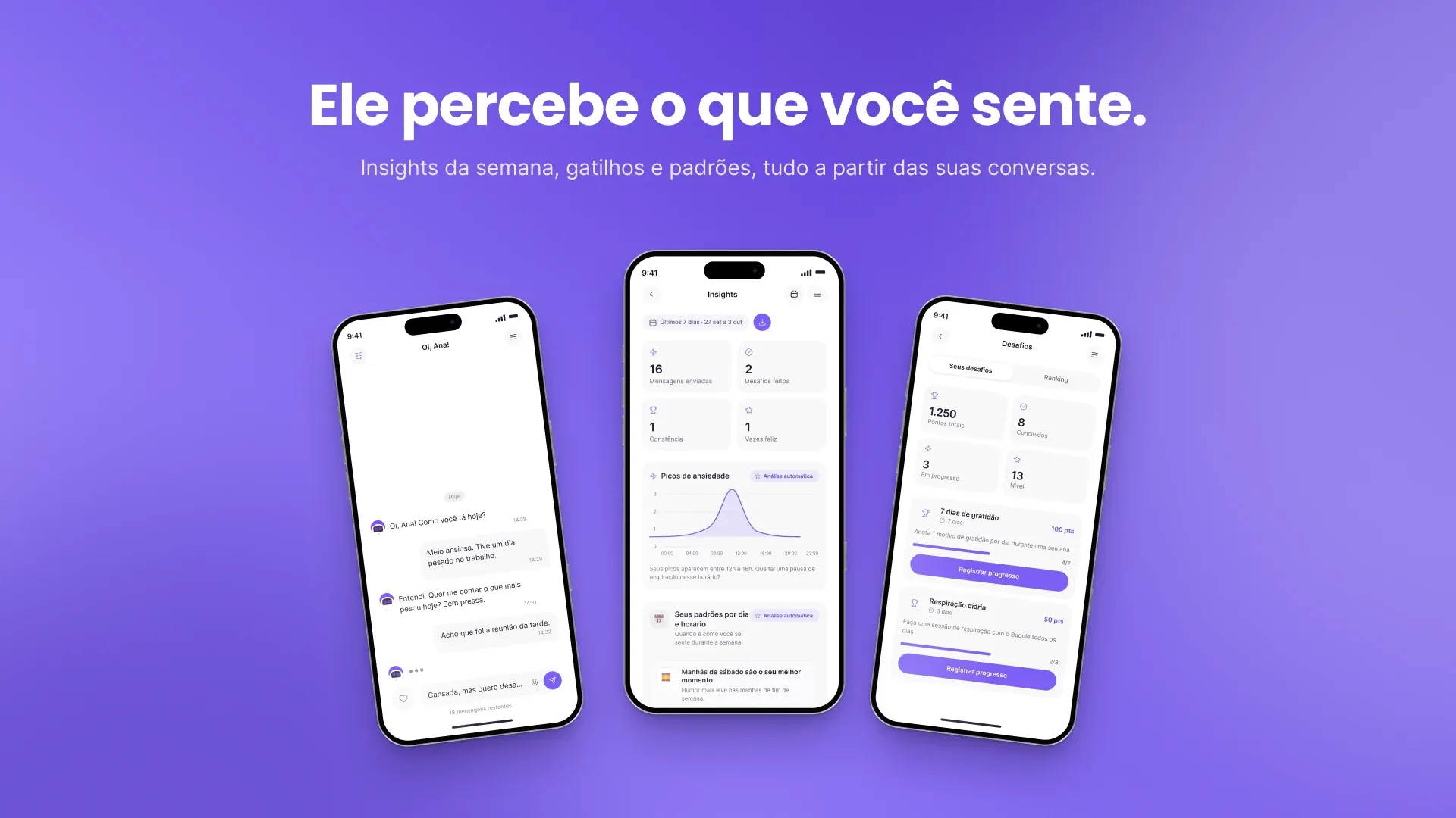 Slide “Ele percebe o que você sente.” com três telas de insights de humor