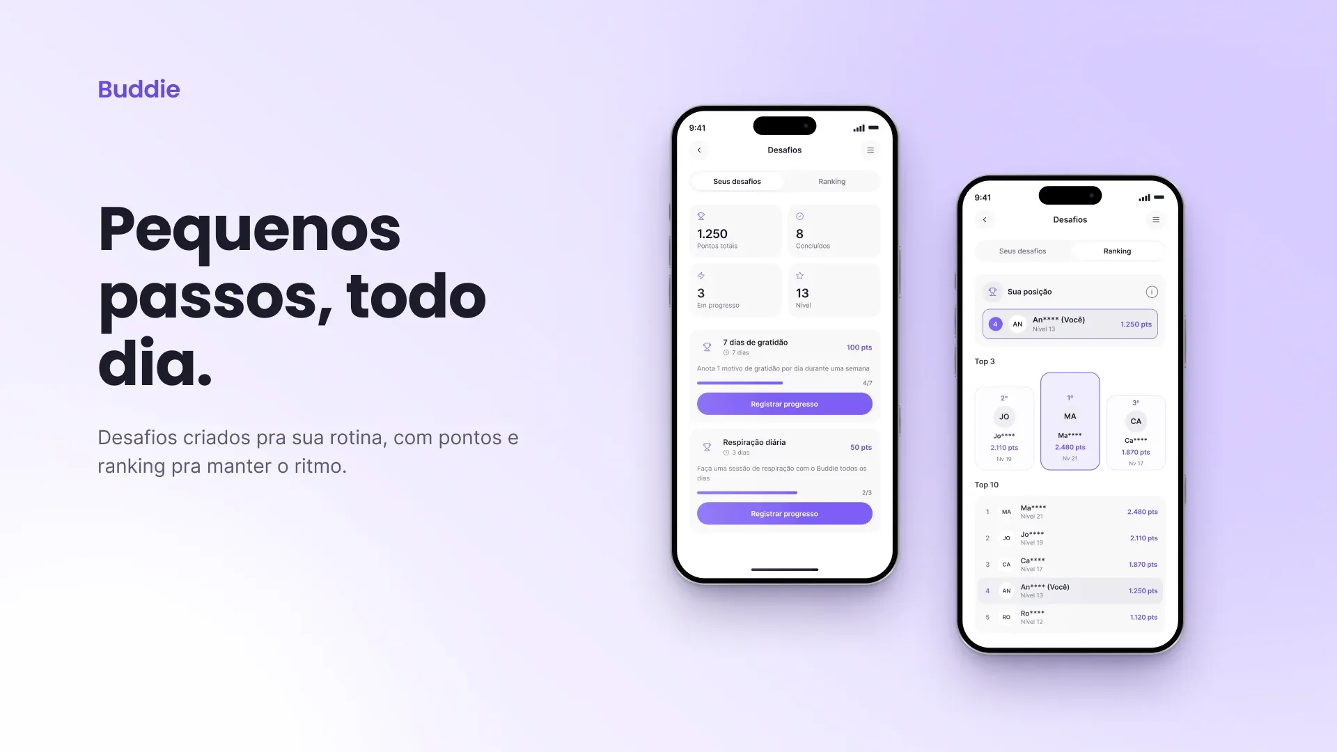 Slide “Pequenos passos, todo dia.” com as telas de desafios diários