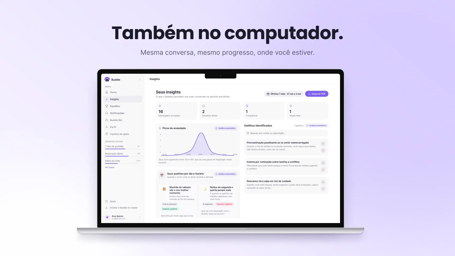 Slide “Também no computador.” com o painel do Buddie no navegador