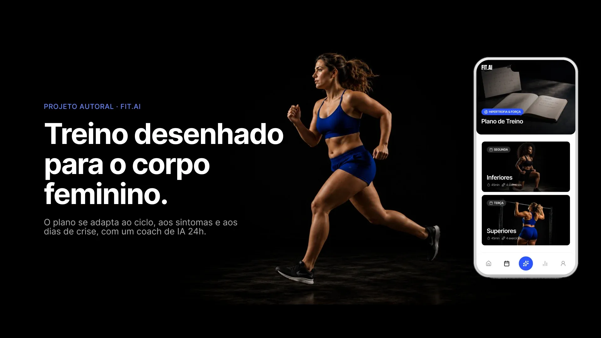Capa do Fit.ai: mulher correndo ao lado do app aberto no plano de treino