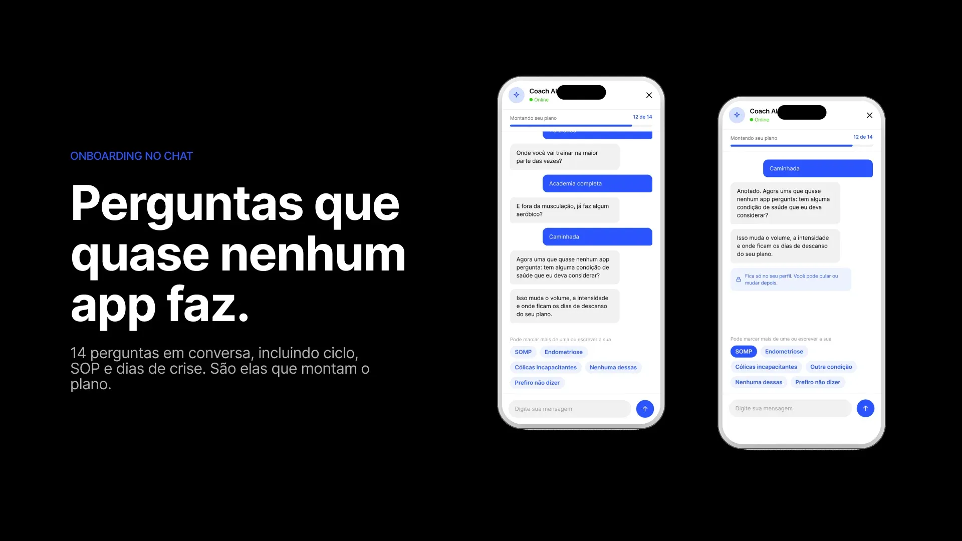 Slide “Perguntas que quase nenhum app faz.” com o onboarding em conversa