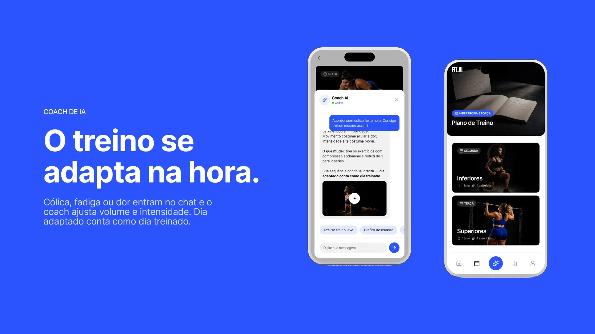 Slide “O treino se adapta na hora.” com o coach de IA ajustando o treino