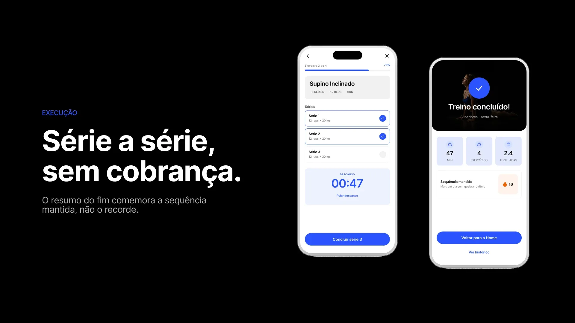 Slide “Série a série, sem cobrança.” com a execução do treino e o resumo