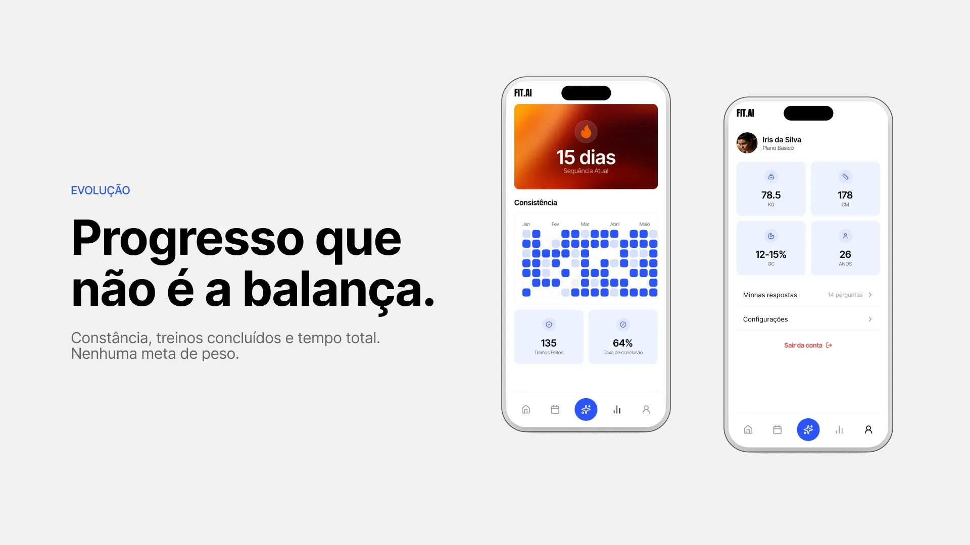 Slide “Progresso que não é a balança.” com a constância e os treinos concluídos