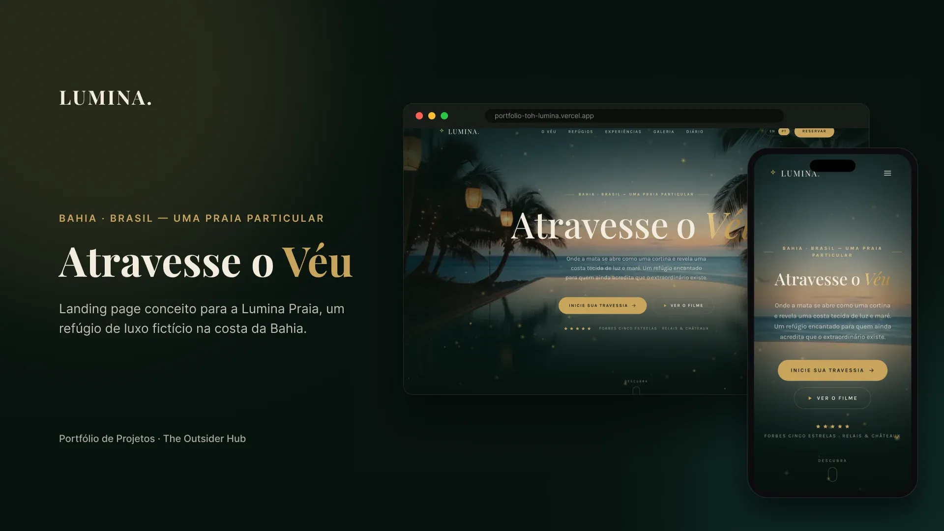 Landing page da Lumina Praia, escura e dourada, com fotos de praia no computador e no celular