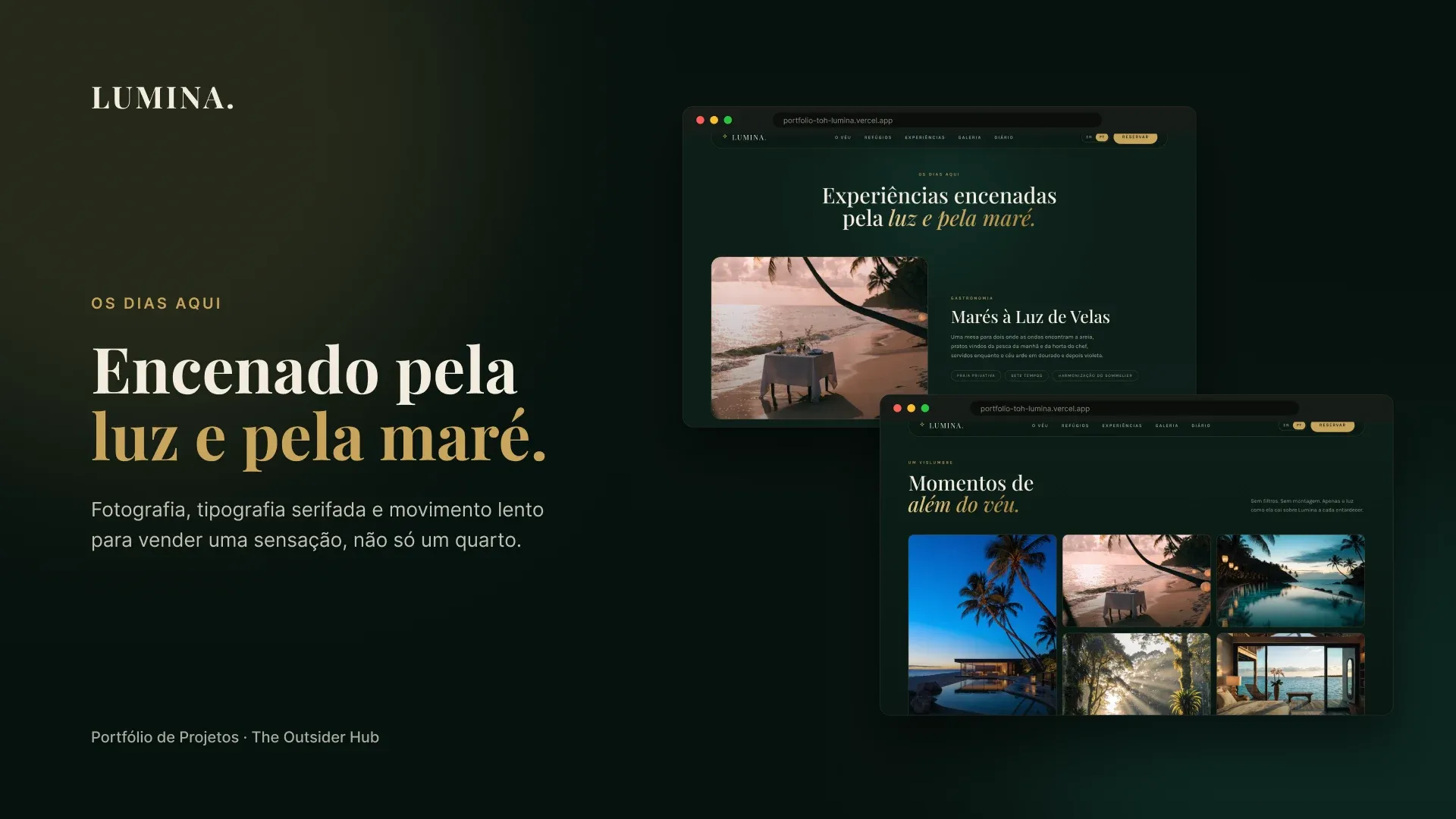 Slide “Encenado pela luz e pela maré.” com as experiências e a galeria