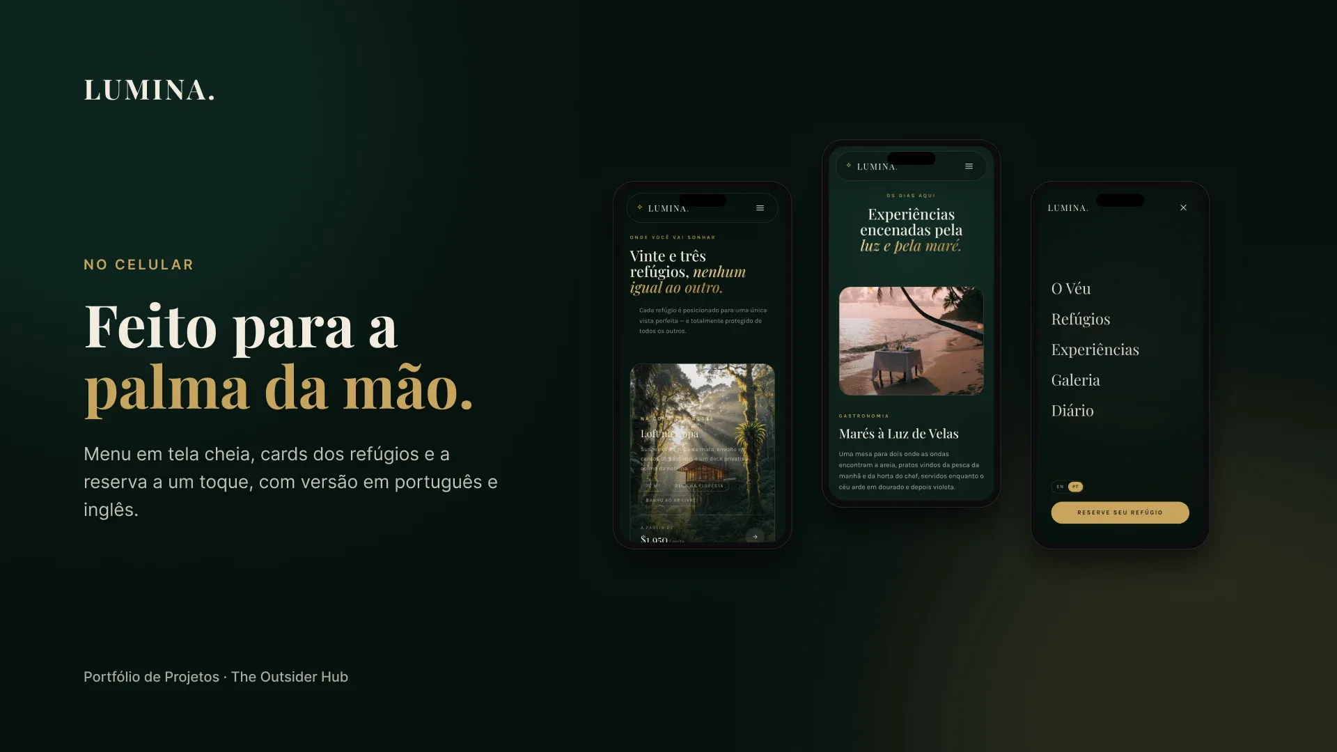 Slide “Feito para a palma da mão.” com três telas no celular