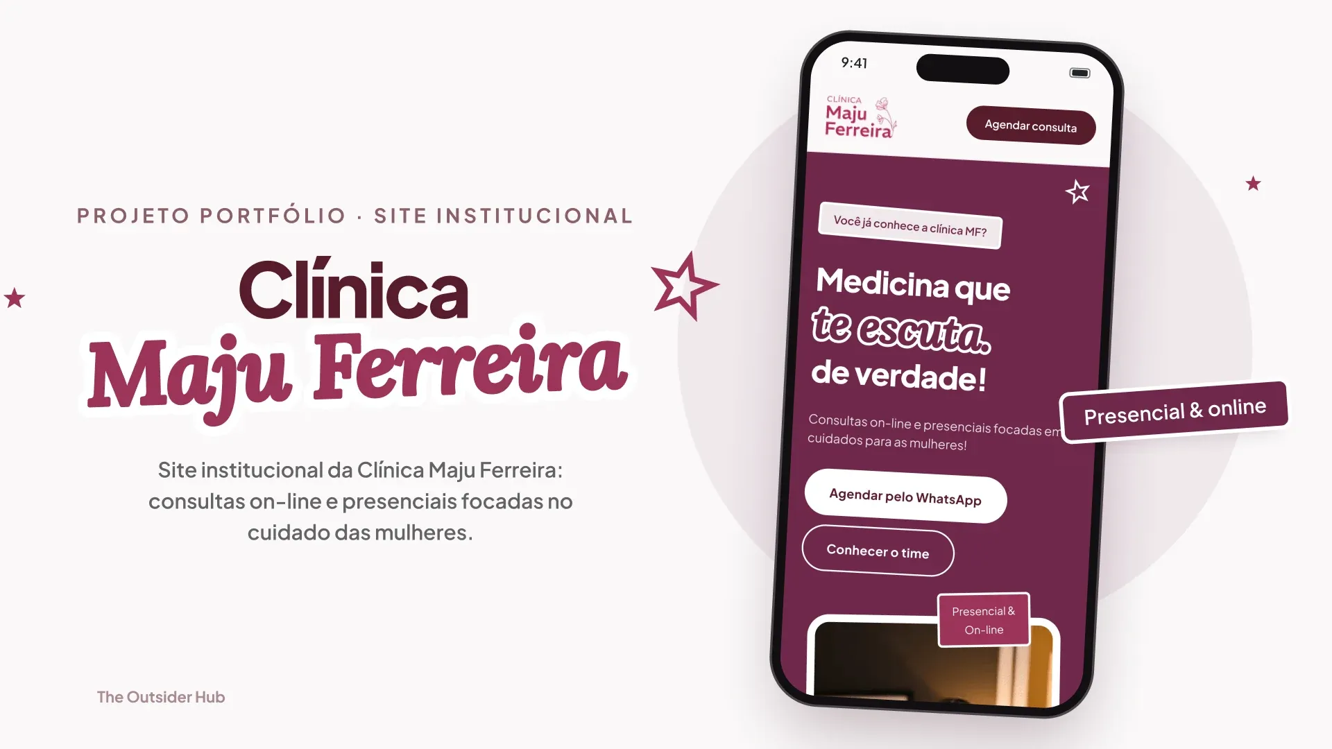 Site da Clínica Maju Ferreira no celular, em vinho e rosa, com o botão de agendar pelo WhatsApp