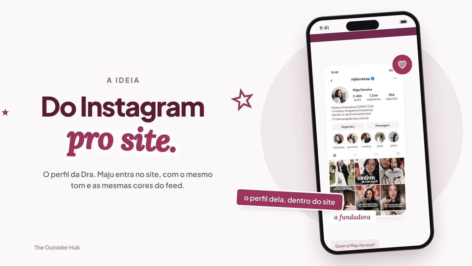 Slide “Do Instagram pro site.” com o perfil dentro do site no celular