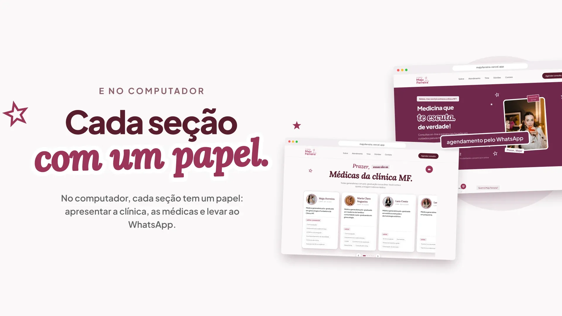 Slide “Cada seção com um papel.” com o site no computador