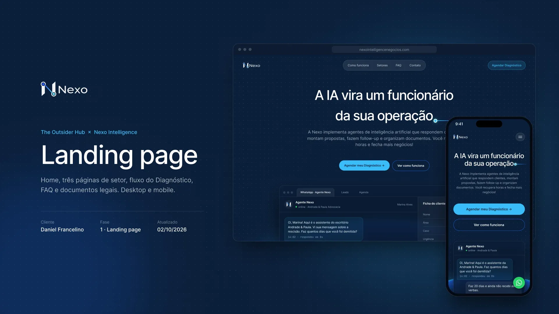 Landing page da Nexo no computador e no celular, com o título “A IA vira um funcionário da sua operação”