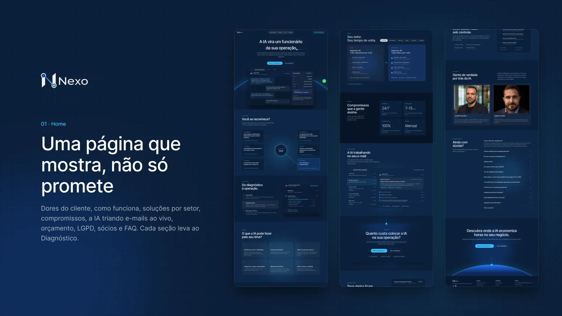 Slide “Uma página que mostra, não só promete” com as seções da Home da Nexo