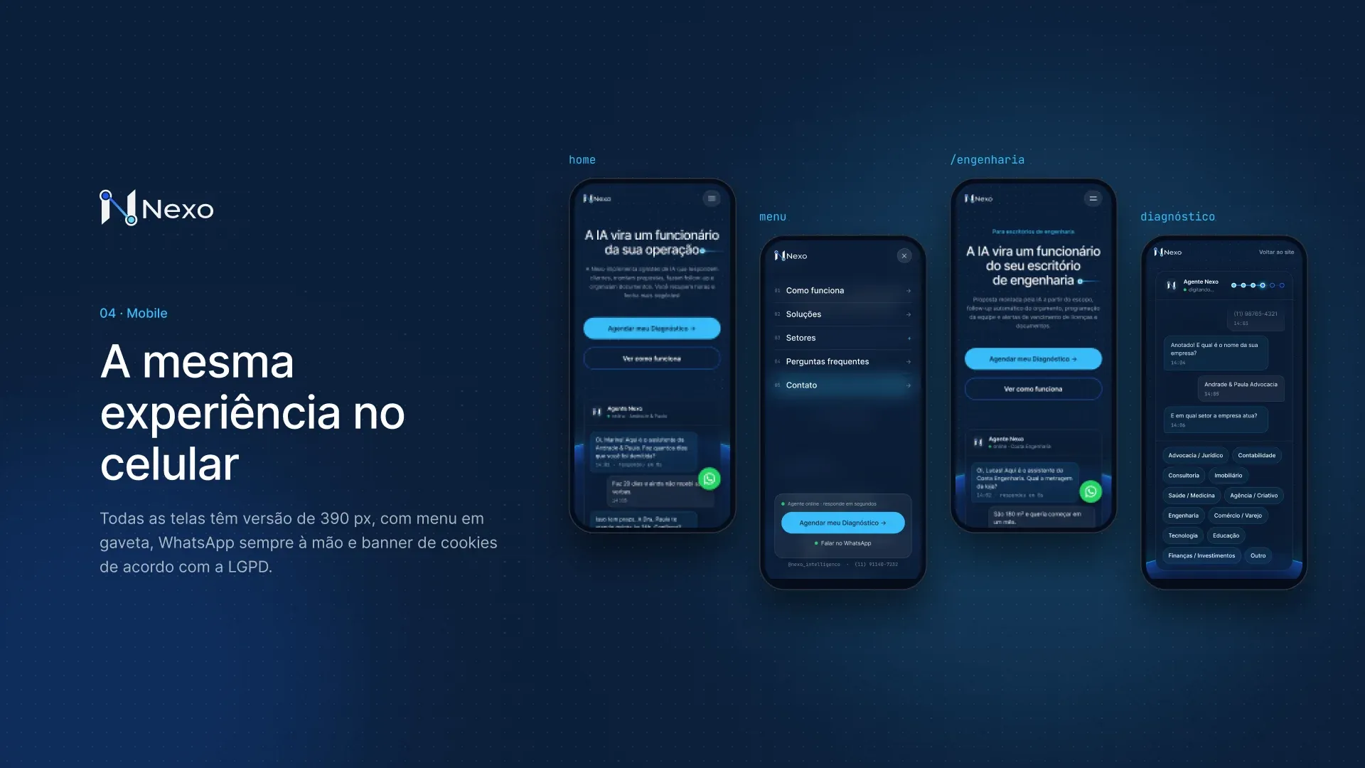 Slide “A mesma experiência no celular” com as telas mobile da landing page