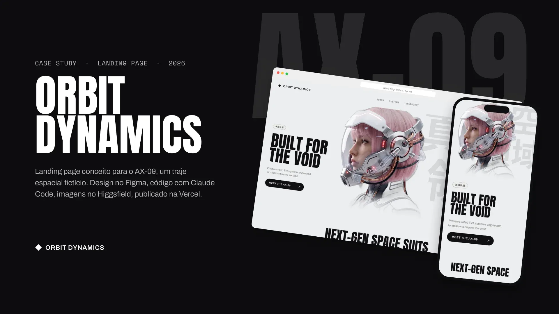 Landing page Orbit Dynamics com o capacete do traje AX-09 no computador e no celular