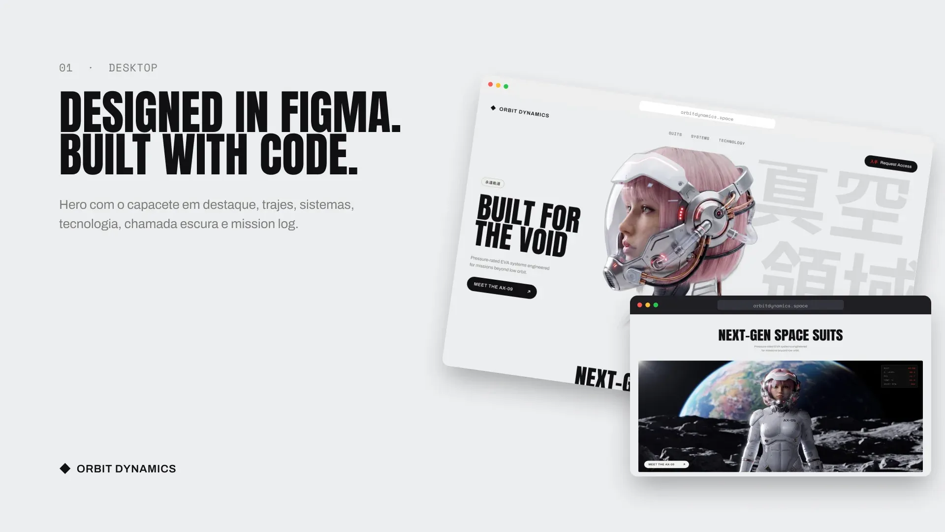 Slide “Designed in Figma. Built with code.” com a página no computador