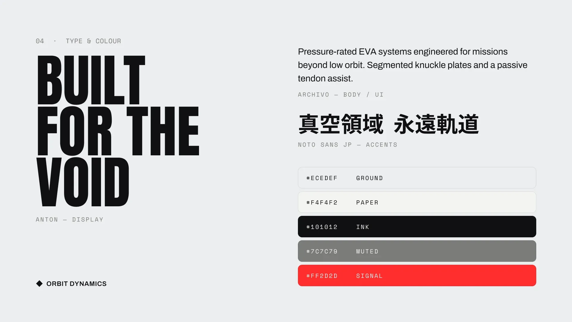 Slide “Built for the void” com tipografia e paleta de cores