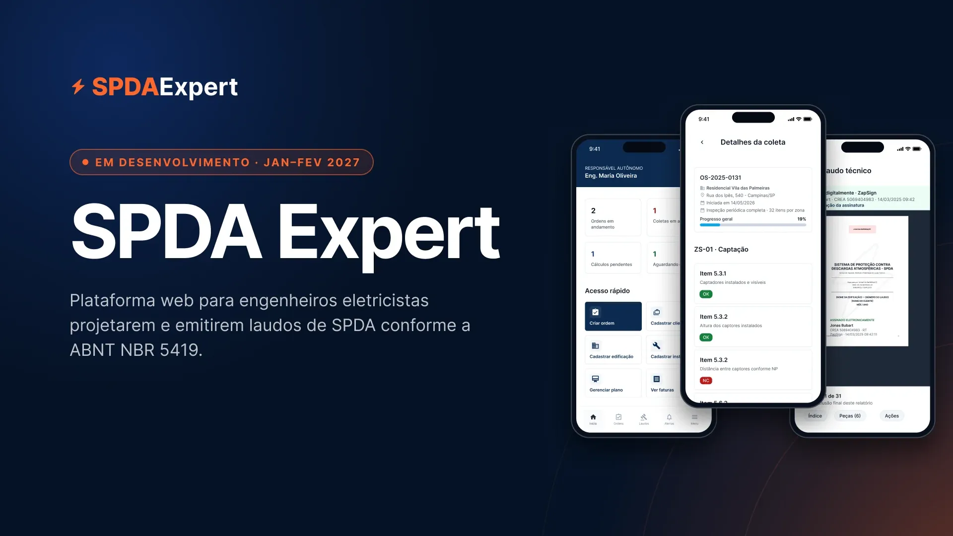 Capa do SPDA Expert com três telas do app de inspeção no celular
