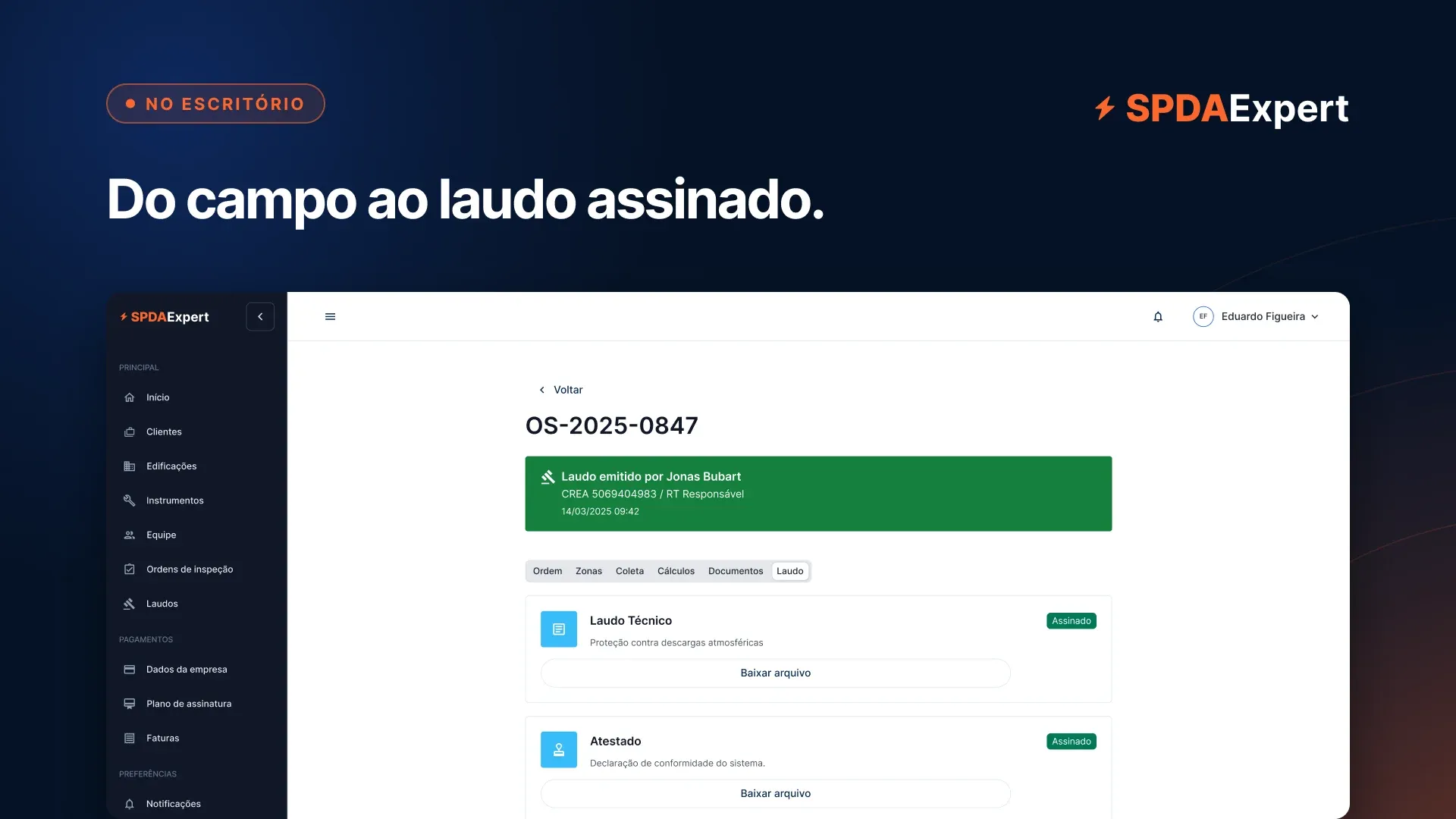Slide “Do campo ao laudo assinado.” com a ordem de serviço no computador