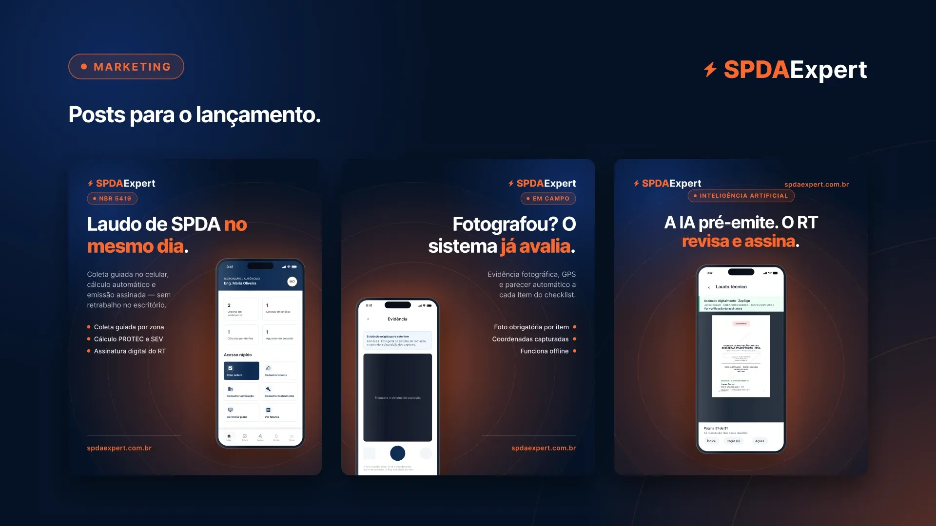Slide “Posts para o lançamento.” com três peças de marketing