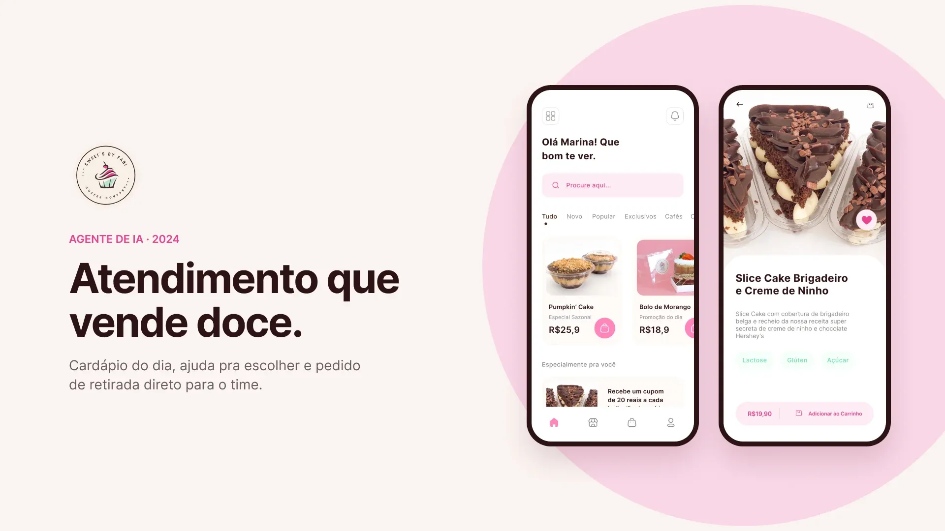 Capa da Sweet's by Fabi: “Atendimento que vende doce.” com o app da confeitaria no celular