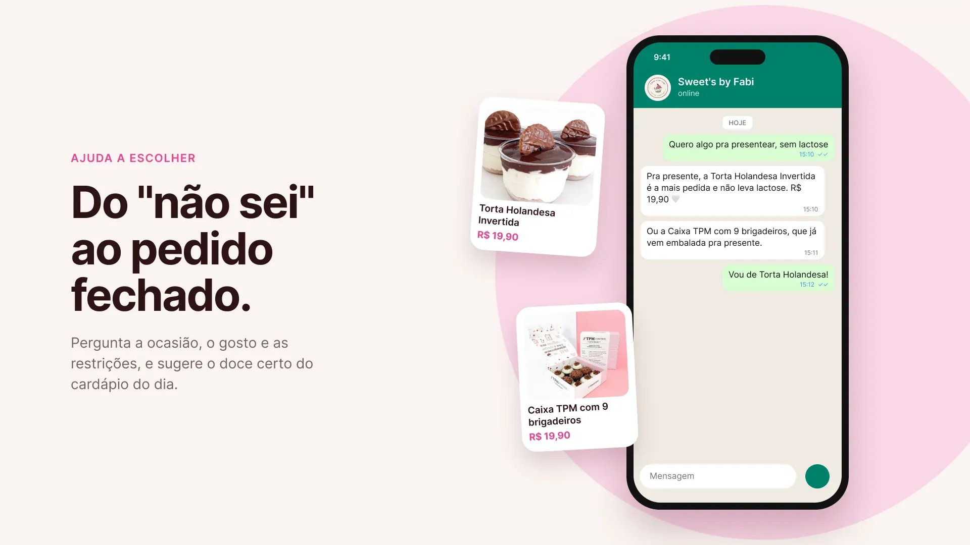 Slide “Do “não sei” ao pedido fechado.” com o agente ajudando a escolher