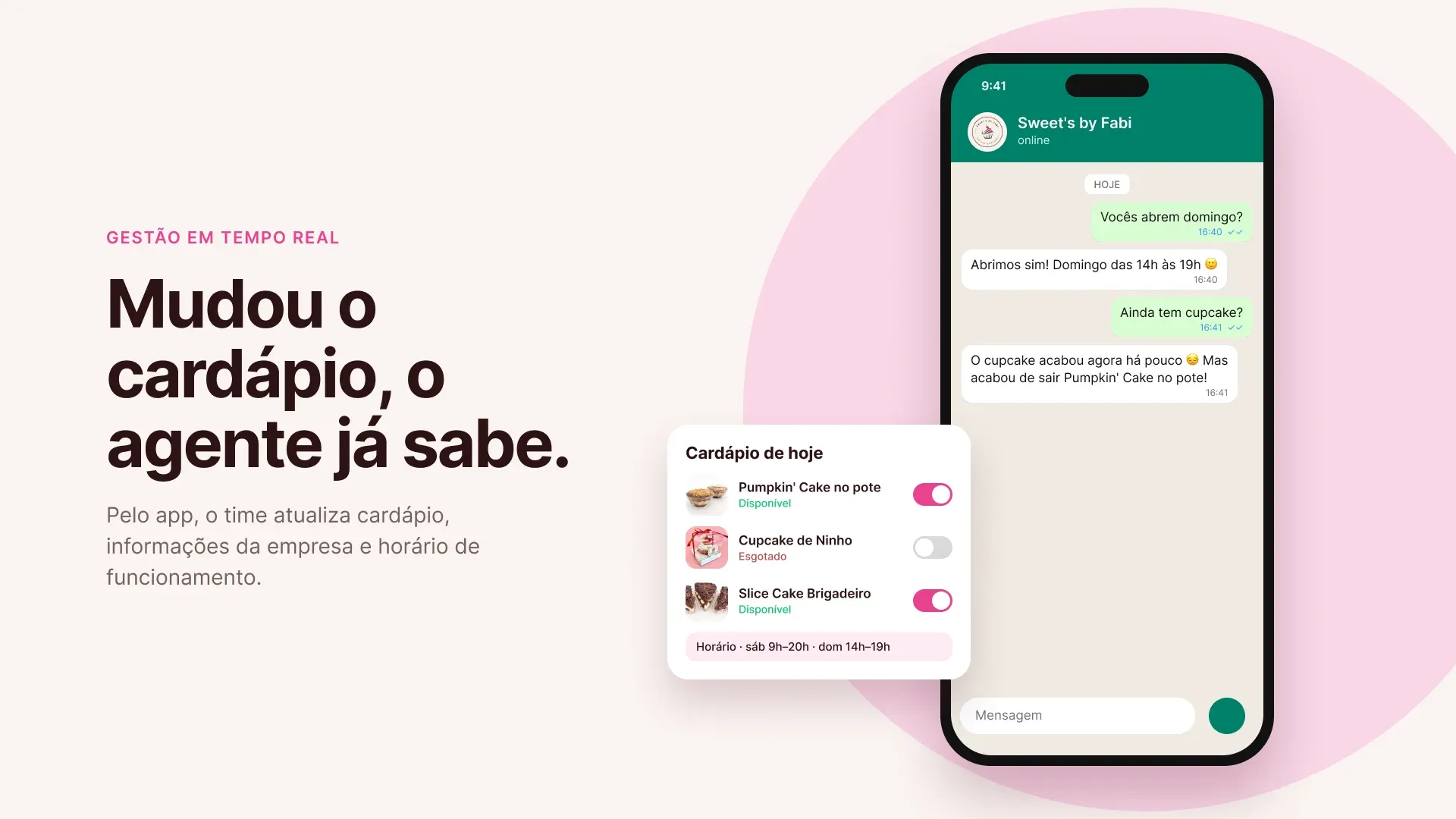 Slide “Mudou o cardápio, o agente já sabe.” com o cardápio de hoje no app de gestão