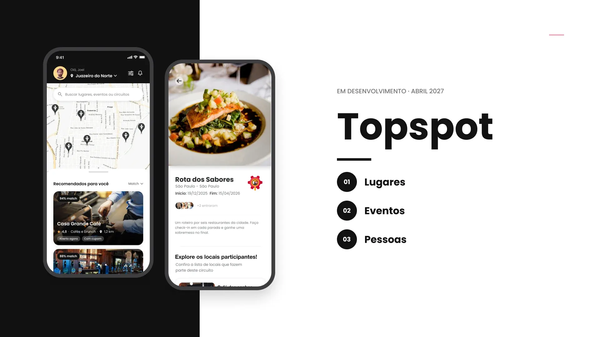 Capa do Topspot com dois celulares mostrando o mapa e um restaurante recomendado