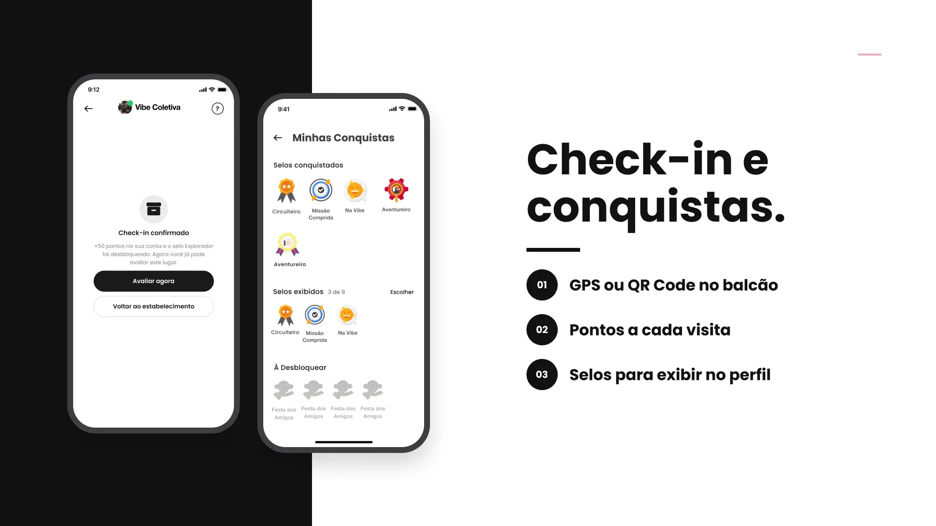 Slide “Check-in e conquistas.” com a confirmação do check-in e os selos
