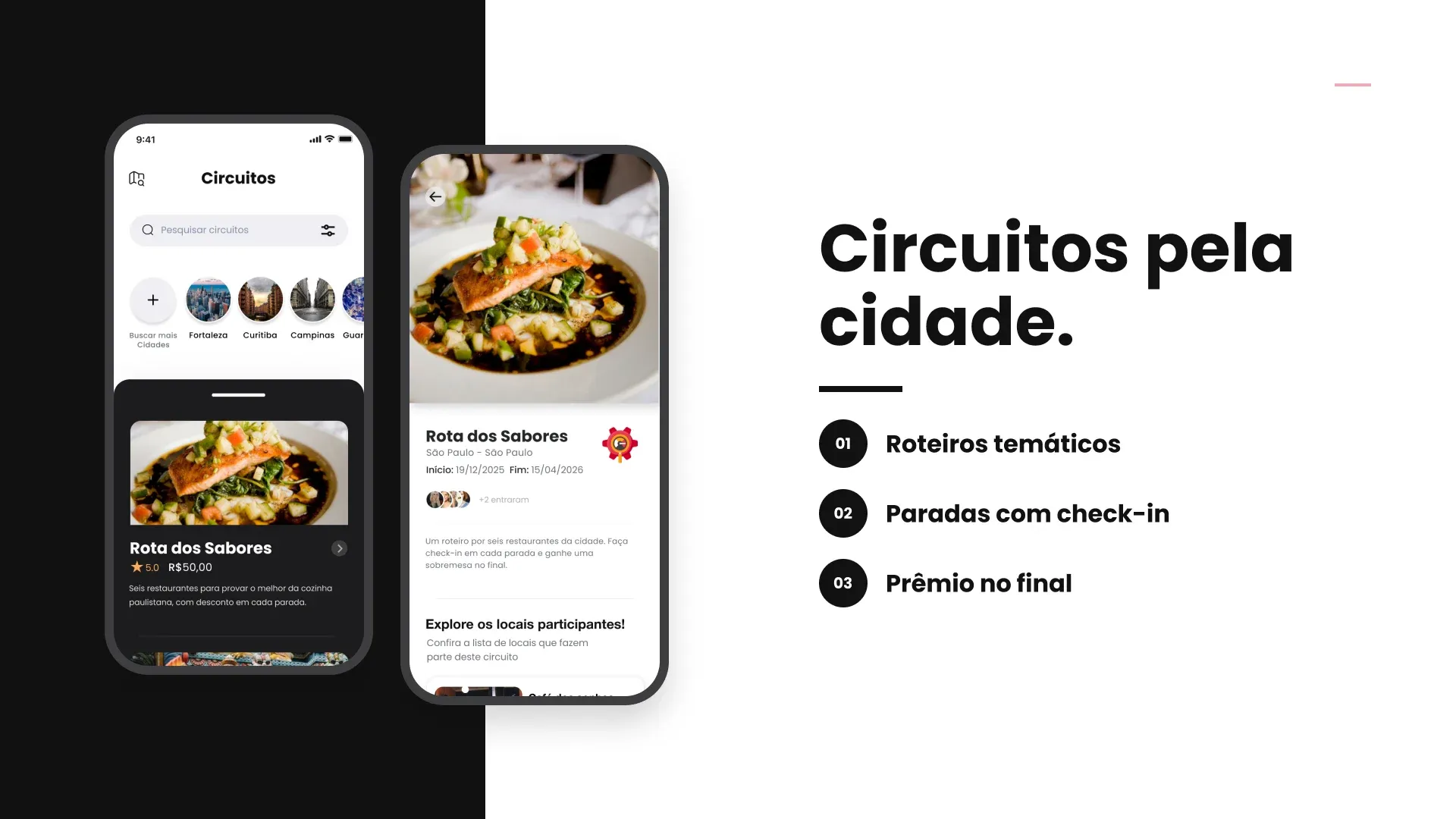 Slide “Circuitos pela cidade.” com a lista e o detalhe de um circuito