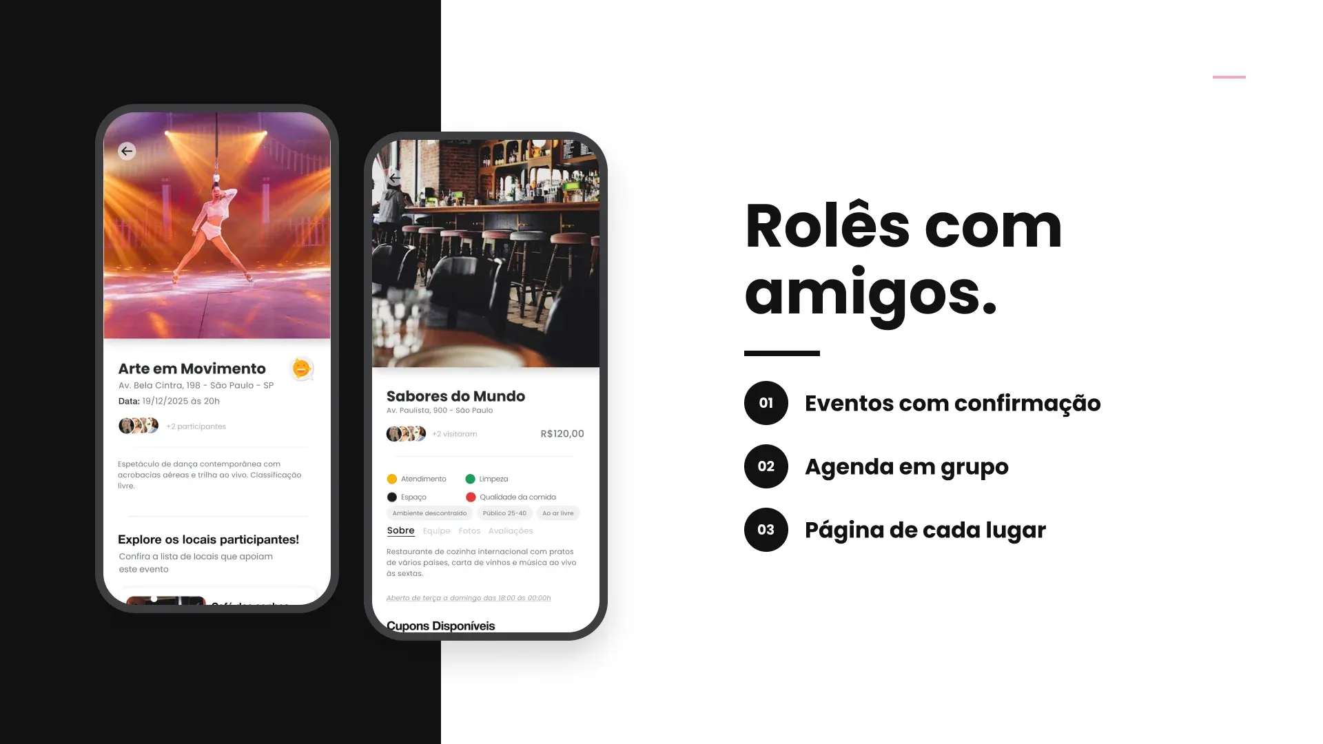 Slide “Rolês com amigos.” com a página de um evento e de um lugar